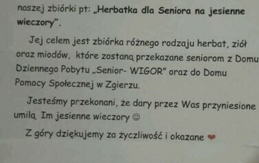 Akcja charytatywna pt. ,Herbatka dla seniora na jesienne wieczory