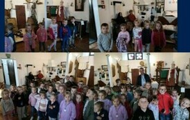 kolaż zdjęć dzieci z grupy IV i V pozującej do zdjęć w muzeum