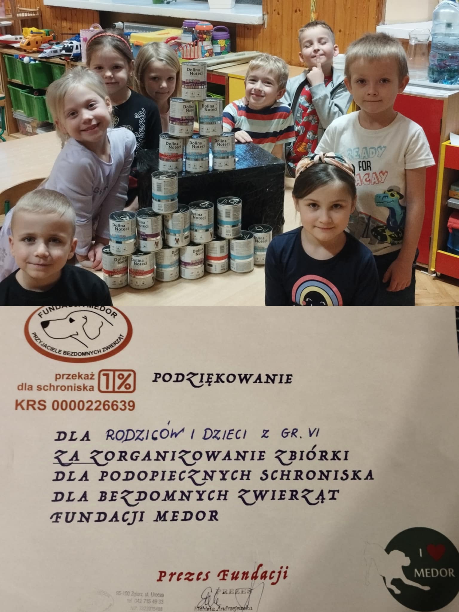 Podziękowanie dla dzieci i&nbsp;rodzic&oacute;w za udział w&nbsp;zbi&oacute;rce karmy