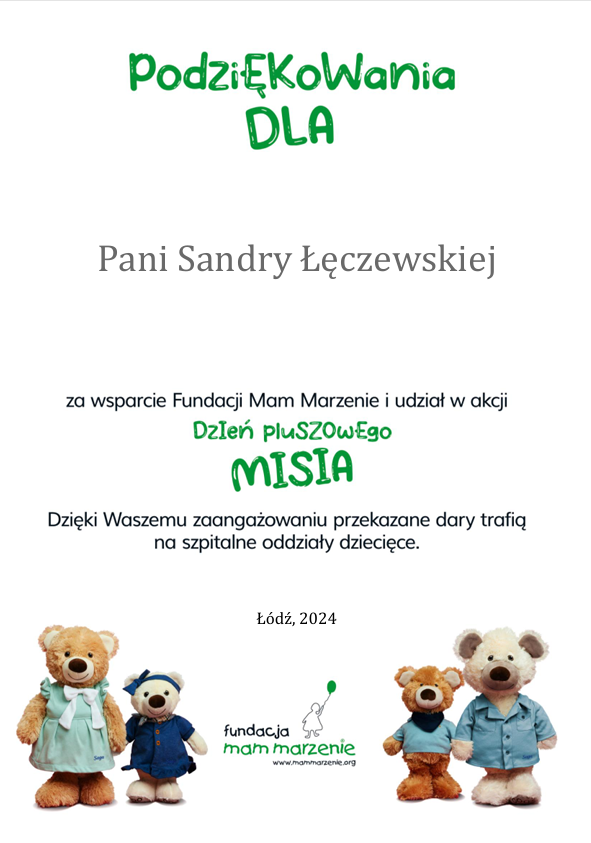 Podziękowanie dla paniSandry Łęczewskiej